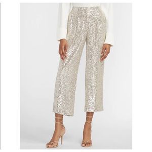 Express Women's Silver Sequin High Rise Wide Leg Cropped Pants Size M